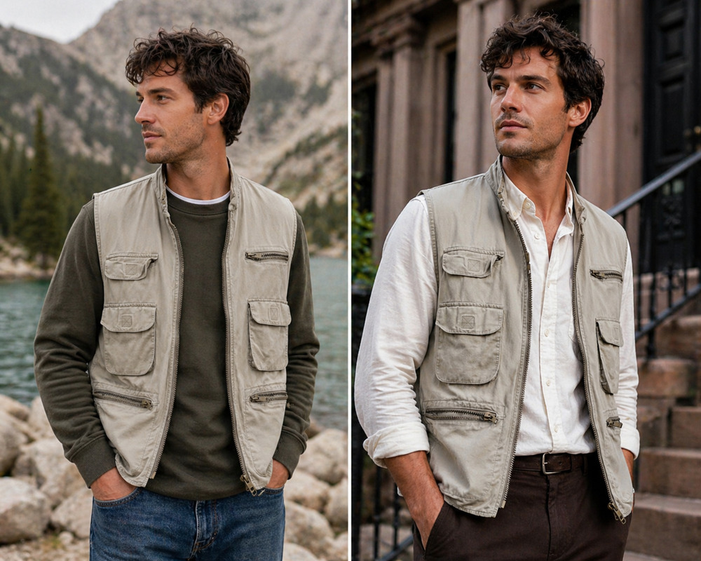 Vtg Banana Republic Utility Vest Safari Cargo Zip Multi Pocket Beige Size-M/L
